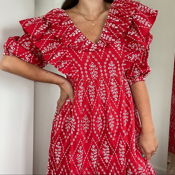 Zara Dresses & Skirts - ZARA Red Midi Dress With Cutwork Embroidery